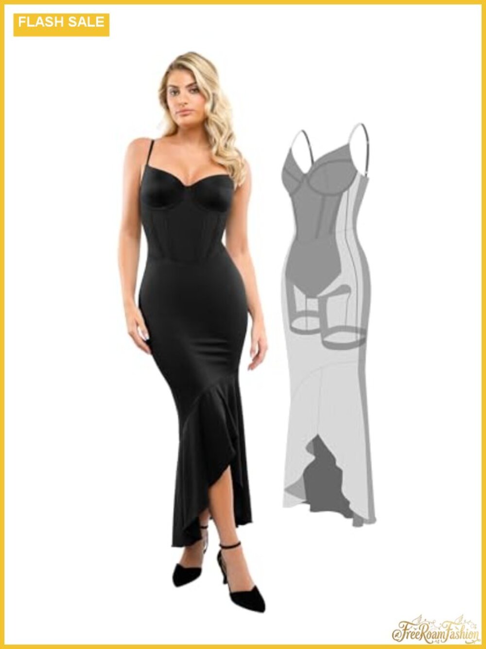 Corset Maxi Dress with Built-in Shapewear and Bra Deep V Neck Sleeveless Formal